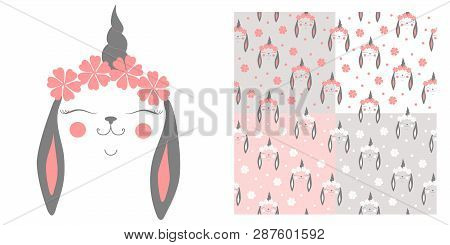 rabbit unicorn hares seamless pattern set illustration vector