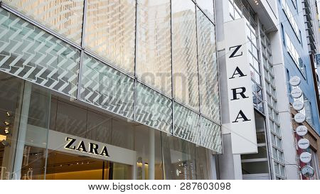 TOKYO - CIRCA MAY, 2017: Signboard Zara store the leading trading network of the world-known Inditex group of companies. Sale of clothes, shoes and accessories at retail.