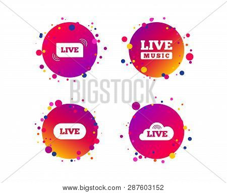 Live Music Icons. Karaoke Or On Air Stream Symbols. Cloud Sign. Gradient Circle Buttons With Icons. 