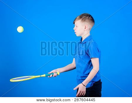 Happy Child Practice Tennis. Little Boy Practice. Fitness Diet Brings Health And Energy. Gym Practic