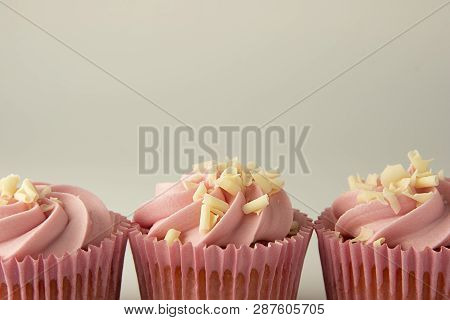 Closeup Pink, Strawbery, Cupcakes Isoalted. Sweet Dessert, Shortcakes With Cream. Birthday Food, Cak