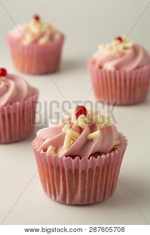 Closeup Pink, Strawbery, Cupcakes Isoalted. Sweet Dessert, Shortcakes With Cream. Birthday Food, Cak