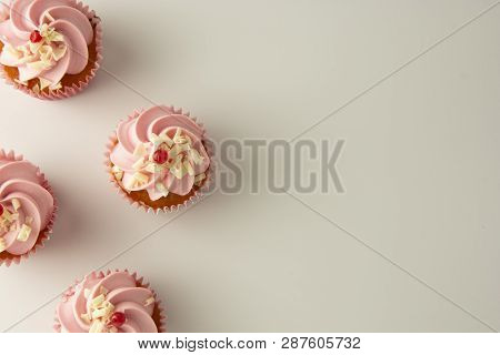 Pink, Strawbery, Fruit Cupcakes Isoalted. Sweet Dessert Shortcakes With Cream. Birthday Food, Cake M