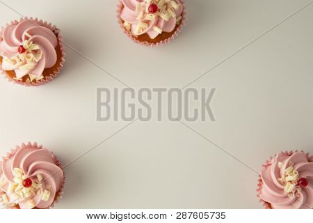 Pink, Strawbery, Fruit Cupcakes Isoalted. Sweet Dessert Shortcakes With Cream. Birthday Food, Cake M