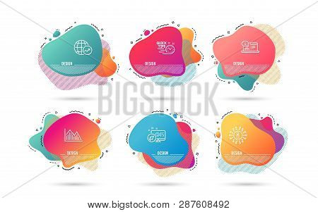 Dynamic Liquid Shapes. Set Of Online Documentation, Investment Graph And World Statistics Icons. Qui