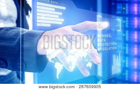 Close Up View Of Business Woman Hand Touching The Binary With Server Data, Worldwide Map, General Da