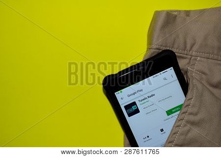 Bekasi, West Java, Indonesia. March 6, 2019 : Tunein Radio Dev Application On Smartphone Screen. Tun