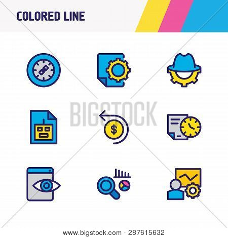 Vector Illustration Of 9 Advertisement Icons Colored Line. Editable Set Of Link Wheel, Seo Report, R