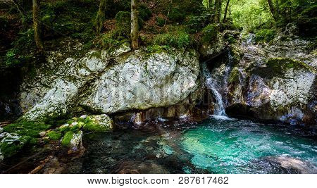 Idyllic Mountain River In Lepena Valley, Soca - Bovec Slovenia.