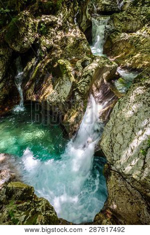 Idyllic Mountain River In Lepena Valley, Soca - Bovec Slovenia.