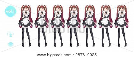 Anime Manga Girl, Cartoon Character In Japanese Style. Costume Of Maid Cafe. Set Of Emotions. Sprite