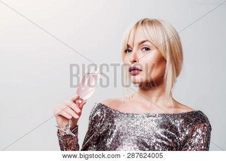 Sexy Woman. Beautiful Blonde Lady With Shampain. Copy Space. Super Model. Beautiful Female Face. Sex