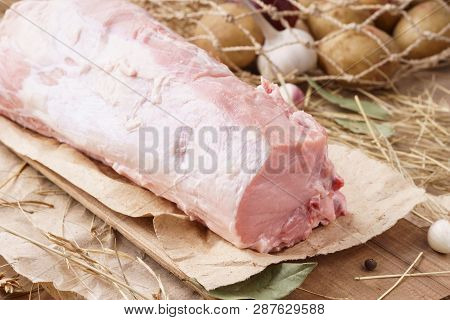 Raw Pork Meat - Carbonade. Fresh Organic Meat And Ingredients. Rustic Style.
