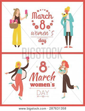 Womens International Day, 8 March, Spring Holiday Greeting Card Decorated By Ladies Holding Lilac, V