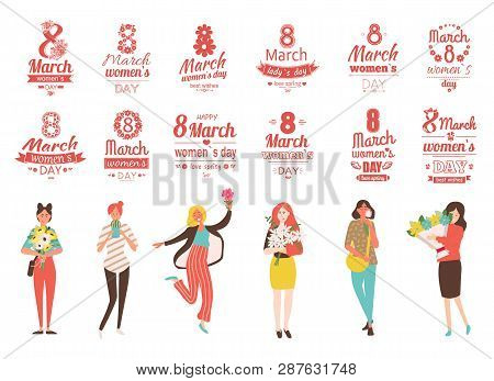 Womens Day Papercard, Girls With Bouquet Of Flowers, Portrait And Full Length View Of Females With F
