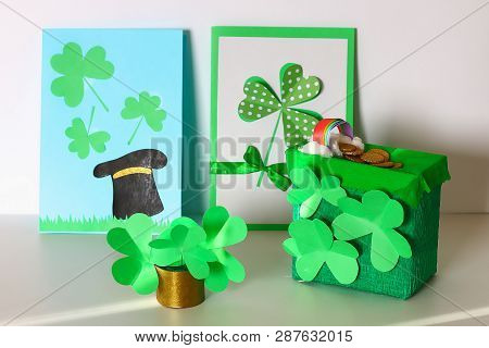 Diy St. Patricks Day Greeting Card Made Of Cardboard And Paper Clovers On A Gray Background. Gift Id
