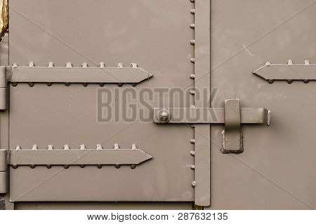 Close Up On Industrial Metal Made Handle Lock For Opening Semi Trailer