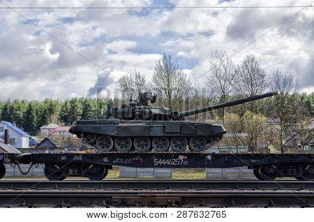 Russian Battle Tank Loaded Onto A Cargo Railway Platform