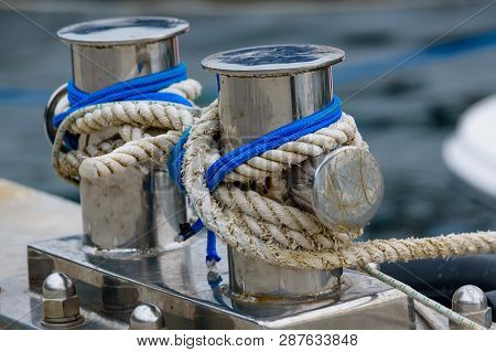 Close Up Stainless Steel Bollard Or Bitts In The Dock