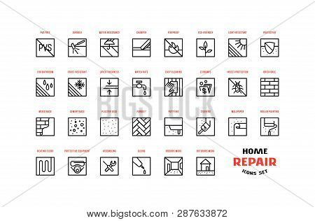Home Repair And Building Icons Set In Thin Line Style. For Packaging, Label And Web Design. Isolated