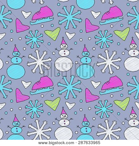 Seamless Cartoon Doodle Winter Ornament With Snoman And Snowflakes