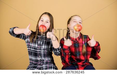School Snack Concept. Teens With Healthy Snack. Cheerful Kids Having Fun And Eating Apples. We Are O