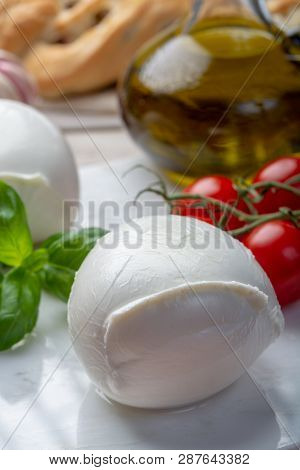 Balls Of Buffalo Mozzarella, Soft Italian Scheese Made From The Milk Of Italian Mediterranean Buffal
