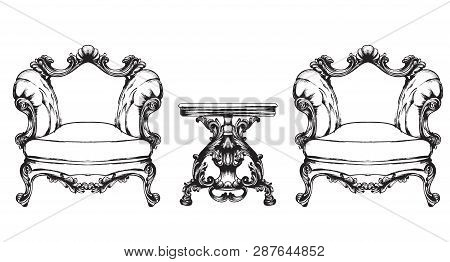 Baroque Furniture Armchairs And Table. Royal Style Decotations. Victorian Ornaments Engraved. Imperi
