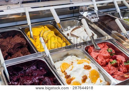 Classic Italian Gourmet Gelato Gelatto Ice Cream Display In Shop