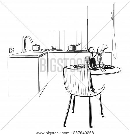 Kitchen Interior Drawing, Vector Illustration. Dinner Table Sketch