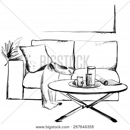Modern Interior Hand Drawing Vector Illustration. Sofa And Table Sketch
