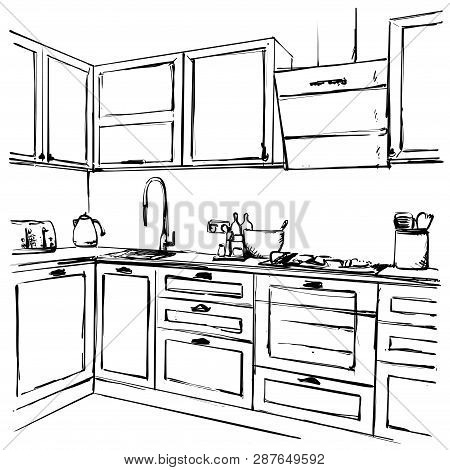 Kitchen Interior Drawing, Vector Illustration. Furniture Sketch