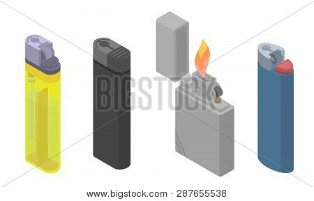 Cigarette Lighter Icons Set. Isometric Set Of Cigarette Lighter Vector Icons For Web Design Isolated