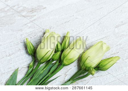Bunch Of White Eustoma On Light Wooden Background With Copy Space. Floral Greeting Card For Invitati