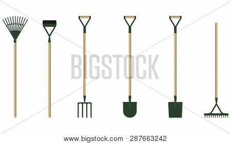Gardening Equipment - Set Of Six Items - Shovels, Rakes, Forks - Flat Style - Vector