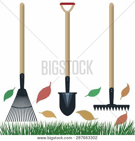 Garden Tools - Shovel, Rake - Green Grass, Leaves - Isolated On White Background - Vector