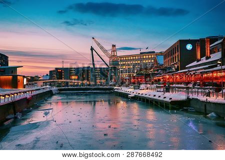 Trondheim, Norway - 02/01/2019 : Shopping Moll Solsiden During Winter Sunset