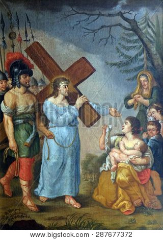 RETZBACH, GERMANY - JULY 04, 2018: 8th Stations of the Cross,Jesus meets the daughters of Jerusalem, Maria im Grunen Tal pilgrimage church in Retzbach in the Bavarian district of Main-Spessart, German