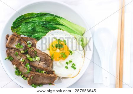 Porky Bowl Homemade Char Siu With Rice And Sunny Side Up & Siew Pak Choy