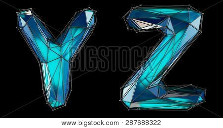 Letter set Y, Z made of realistic 3d render blue color. Collection of low polly style alphabet isolated on black background