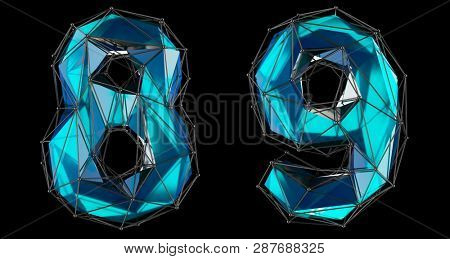 Number set 8, 9 made of realistic 3d render blue color. Collection of low polly style symbol isolated on black background