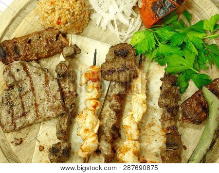 Mixed Grilled Turkish Kebabs. Famous Meat Dishes From Turkey