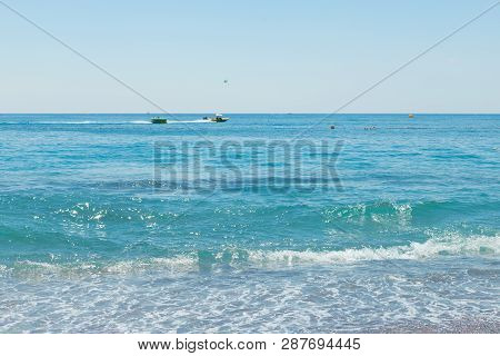 Soft Wave Of The Turquoise Sea . Natural Summer Background With Copy Space.azure Waves.summer Seasca