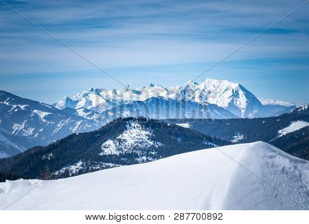 Panoramic View From Snowy Plateau Kaiserau To Mountain Dachstein On A Sunny Winterday In Styria, Aus