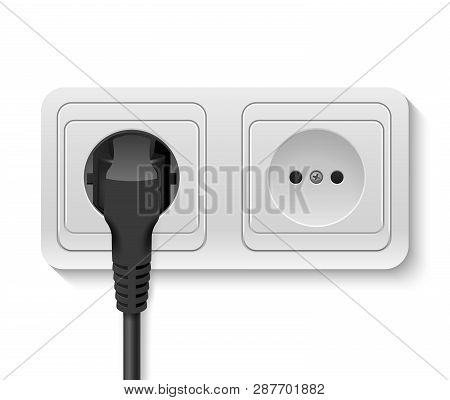 Realistic Vector 3d Black Plug Inserted In A Wall Socket Icon Closeup Isolated On White Background. 