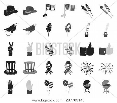 Day Of Patriot, Holiday Black, Monochrome Icons In Set Collection For Design. American Tradition Vec