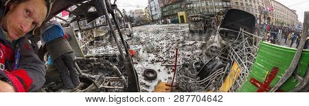 Kiev, Ukraine - January 20, 2014: The Barricades On The Street Were Built Hrushevskoho Defenders Of 