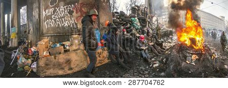 Kiev, Ukraine - January 26, 2014: The Barricades On The Street Were Built Hrushevskoho Defenders Of 