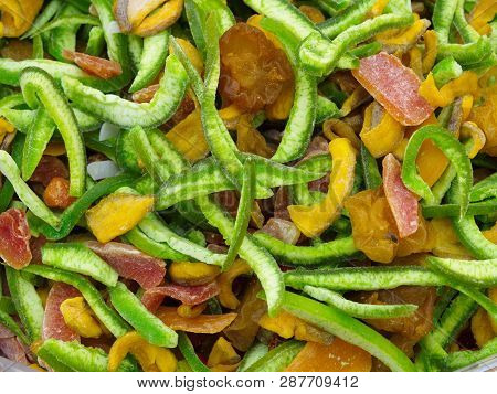 Dried Tropical Fruit Mix. Top View Organic Dried Fruit Background