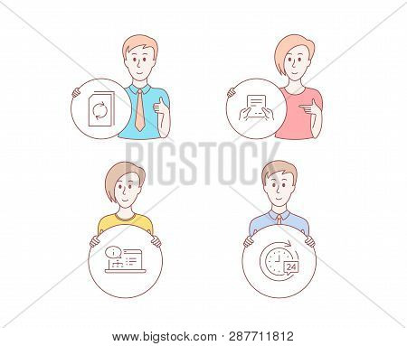 People Hand Drawn Style. Set Of Update Document, Receive File And Online Documentation Icons. 24h De